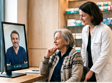 Patientin bei einer ärztlichen Videosprechstunde mit Unterstützung einer Apothekerin